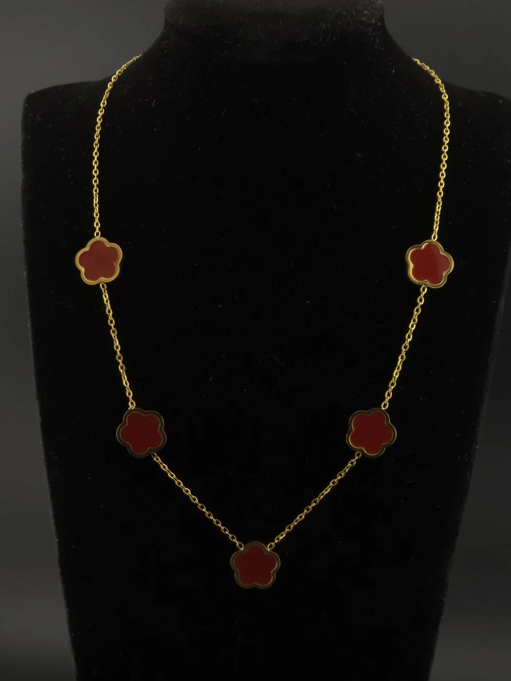 Gold Chain Necklace with Red Clover Motifs